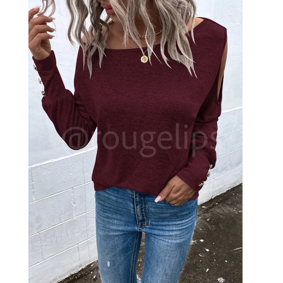 Burgundy One Cold Shoulder Asymmetric Boat Neck Long Sleeve Tee Shirt - Picture 6 of 9